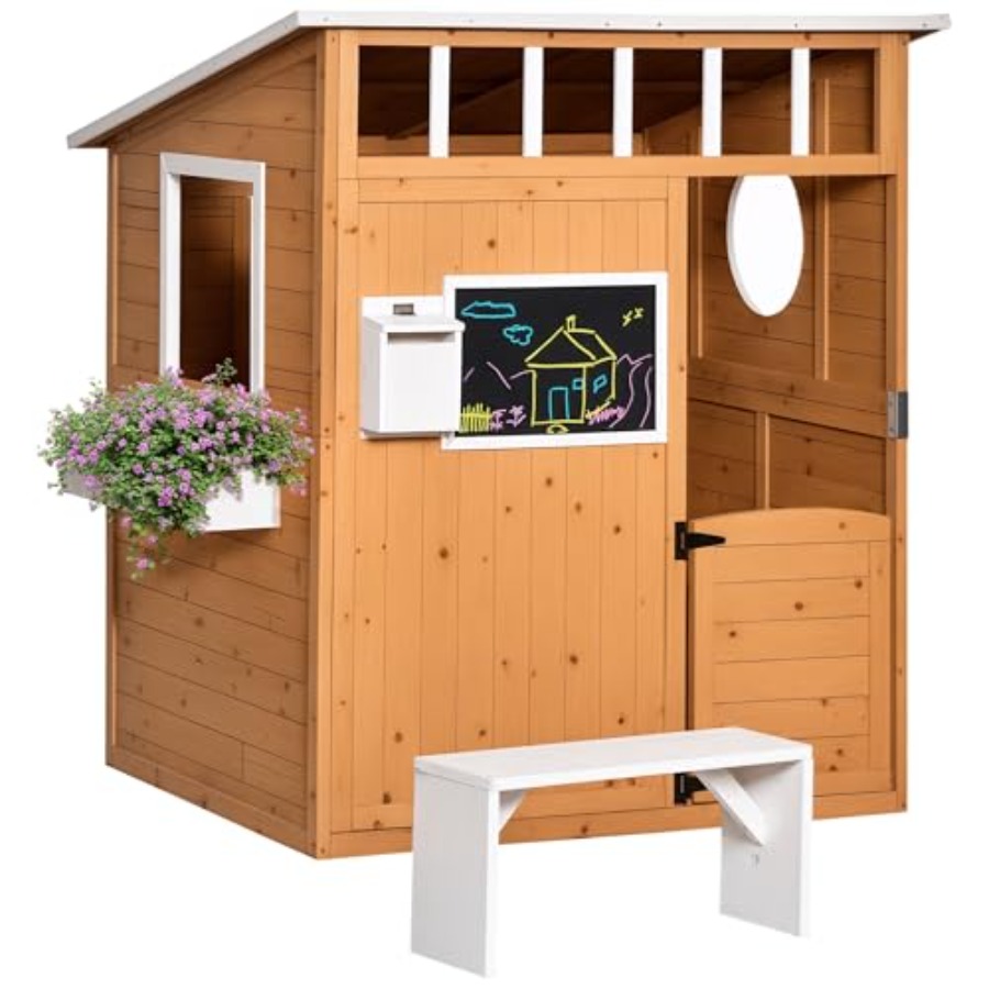 Kids Outdoor Wooden Playhouse - 屋外用木製キッズプレイハウス、開閉式ドア付き、黄色仕上げ、窓、郵便受け、ベンチ、植木鉢ホルダー付き