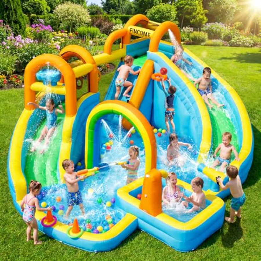 Kids Outdoor Water - 子供用裏庭屋外インフレータブルウォータースライドパーク：PVC素材、青と黄色、スプラッシュプール付きデュアルスライド、バスケットボール付き