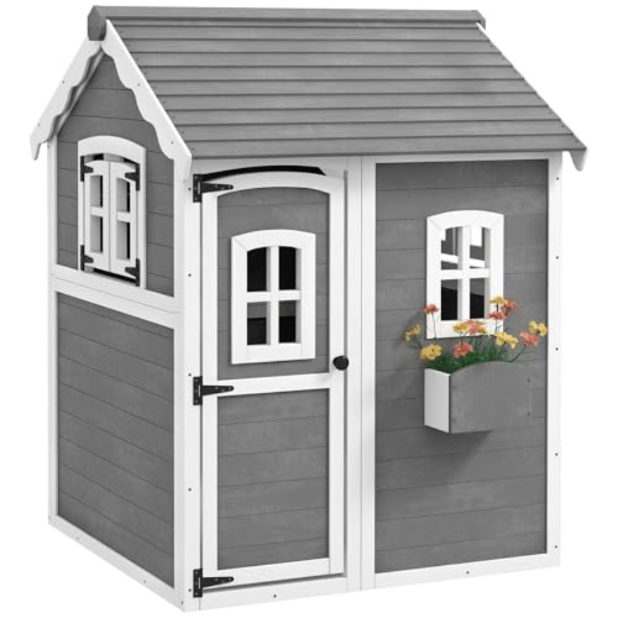 Kids Outdoor Wooden Playhouse - 3歳から8歳向けの屋外木製プレイハウス。床、ドア、窓、プランターボックス付き、グレー。裏庭、芝生、庭に最適。