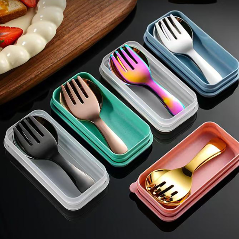 Kids.Outdoor Utensils - ステンレス製ポータブル食器セット ショートハンドルスプーンとフォーク 子供用ピクニック アウトドアダイニング ミニ食器