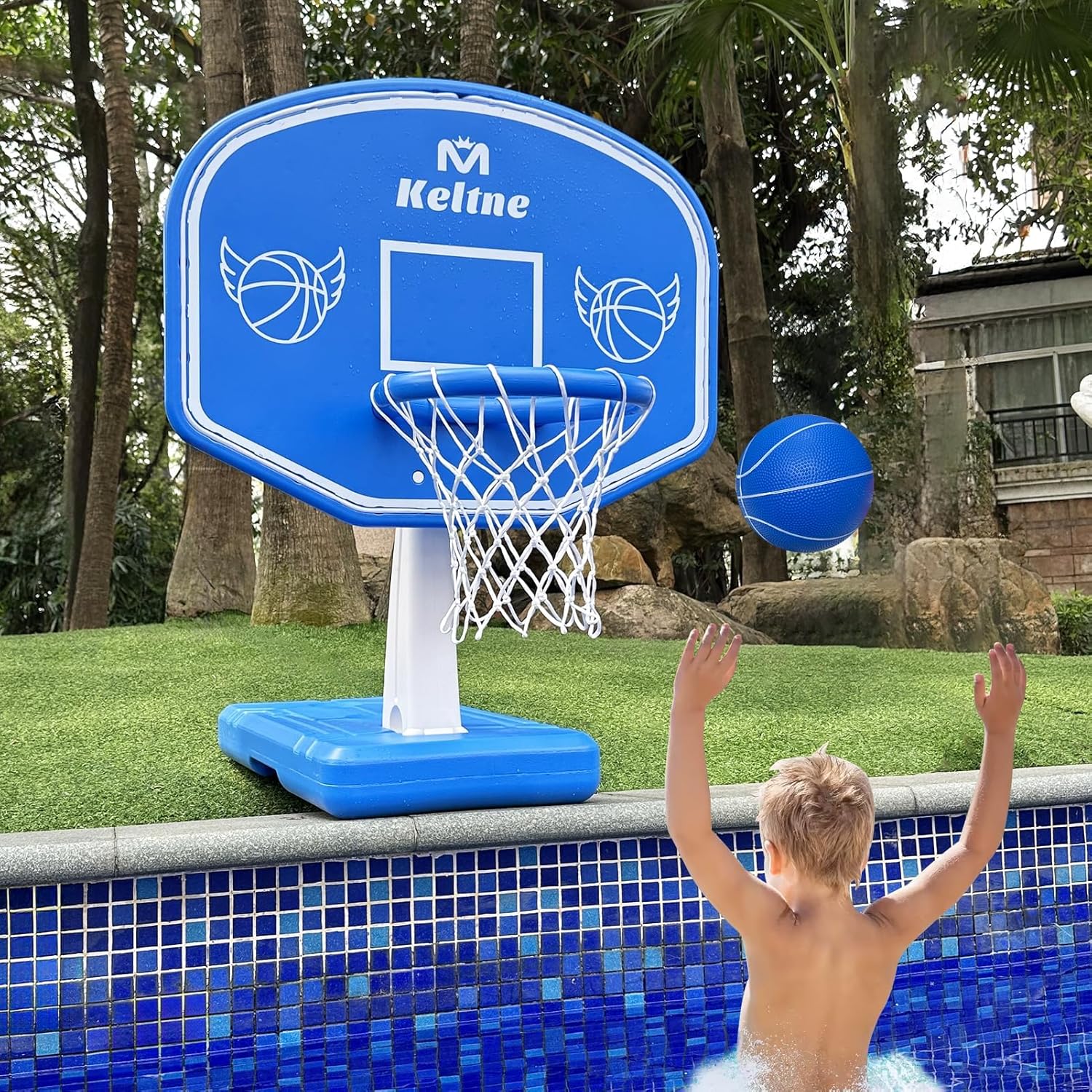 Kids Outdoor Water - 大型スイミングプールバスケットボールフープ、拡張された頑丈なベース付き、プールサイドのバスケットボールゲームに最適、ボール2個とポンプ付き、子供と大人向けの楽しい水遊び、夏の屋外エンターテイメント