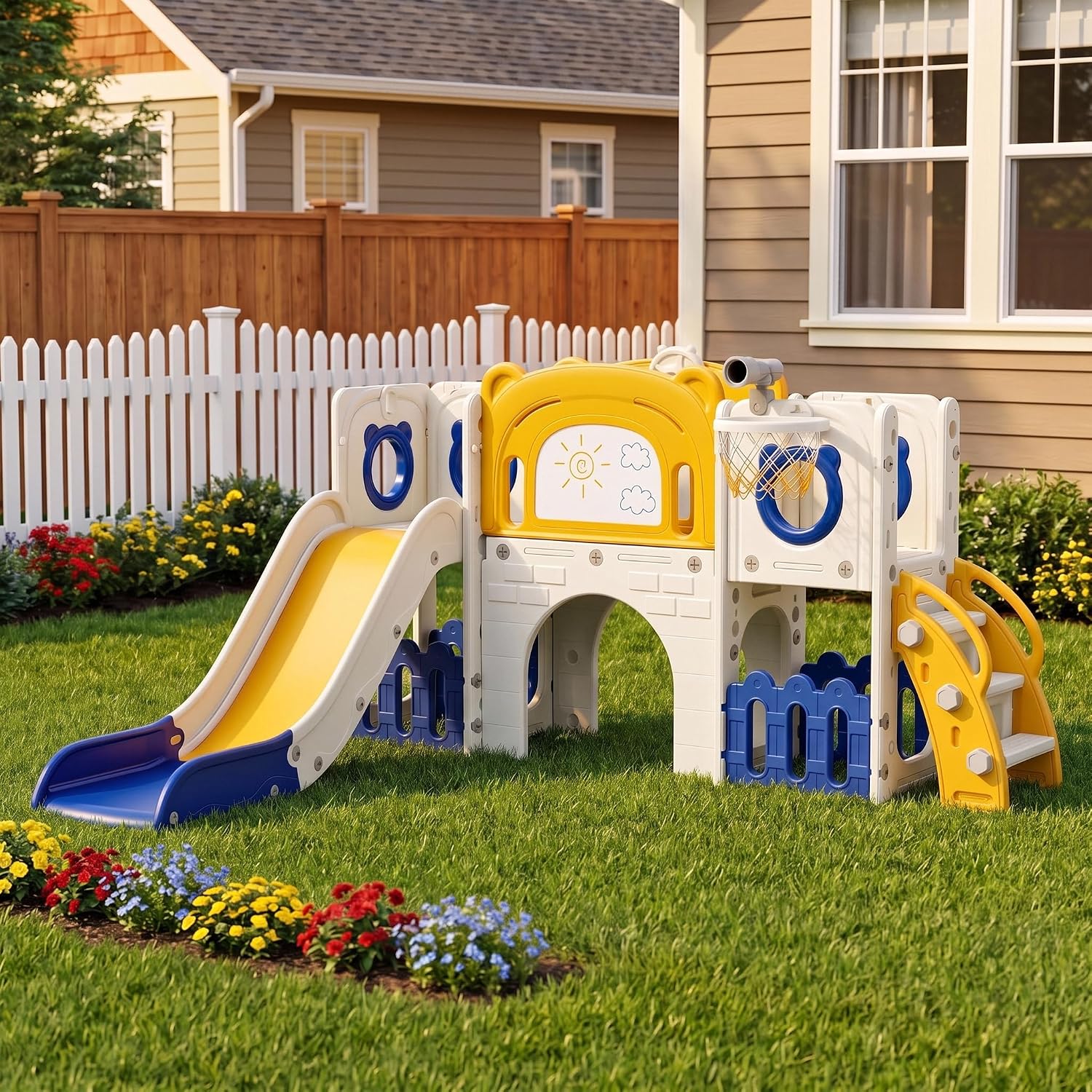 Kids Outdoor Toys B&Q - 10 in 1幼児用滑り台セット、子供用クライマープレイセット、ホワイトボード付き遊具 | アップグレードされた頑丈な屋内外兼用プレイハウスおもちゃ（B付き）