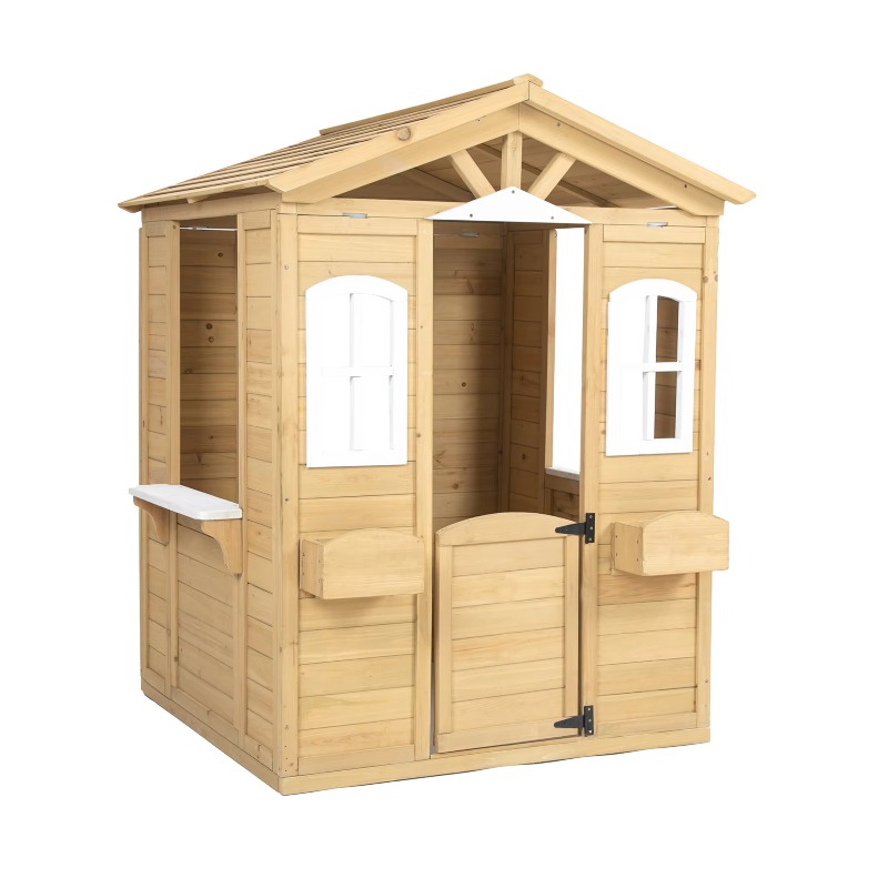 Kids Outdoor Wooden Playhouse - モダンでクラシックな木製キッズプレイハウス、屋外家具、開閉可能なドア、窓、メールボックス、植木鉢ホルダー付き