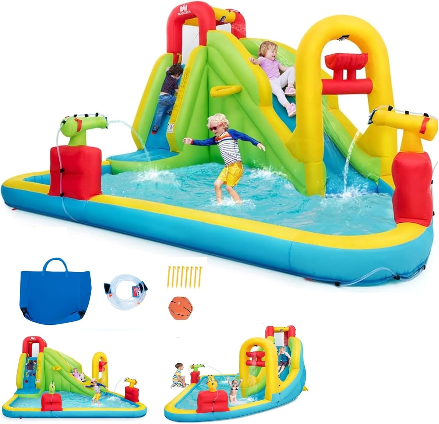 Kids Outdoor Water - 巨大なインフレータブルウォーターパーク遊具 - 子供用ブロウアップウォータースライド、スプラッシュプール、水遊び場、クライミングウォール付き、屋外裏庭ファミリーファンパーティー用ギフト（5歳～12歳対象）