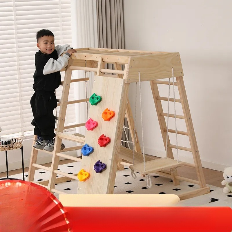 Kids Outdoor Jungle Gym With Slide - JMZ 木製ジャングルジム スライドクライミングフレーム 子供用 屋内屋外プレイセット ロープスイング付き