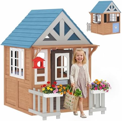 Kids Outdoor Wooden Playhouse - 屋外用プレイハウス（ペット用ドア付き）、木製キッズプレイハウス（対象年齢2～5歳）ブラウン | プレイキッチン、郵便受け、ドア、鳥小屋、フェンス