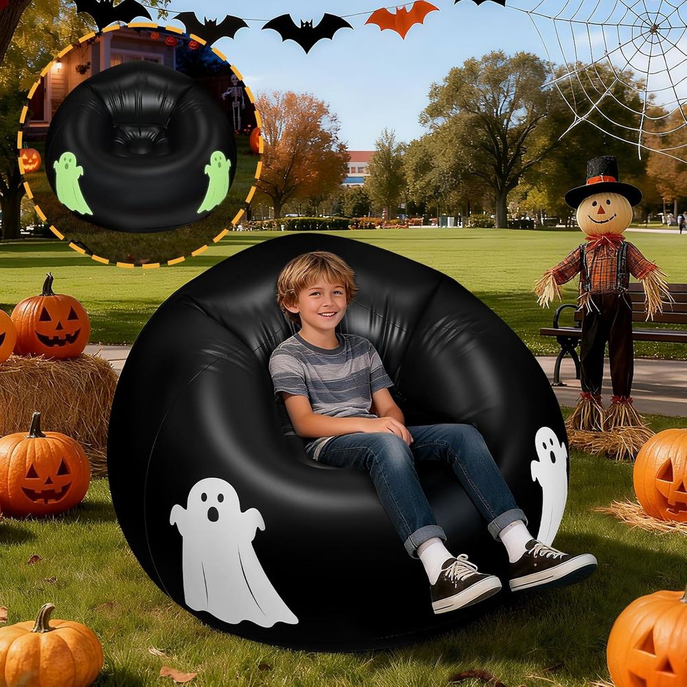 Kids Outdoor Lounge Chair - ビーンバッグチェアソファ、または暗闇で光る子供用エアーチェア、キャンプや映画鑑賞会、パーティー、ハロウィン用の膨らませるエアラウンジチェア家具ソファ