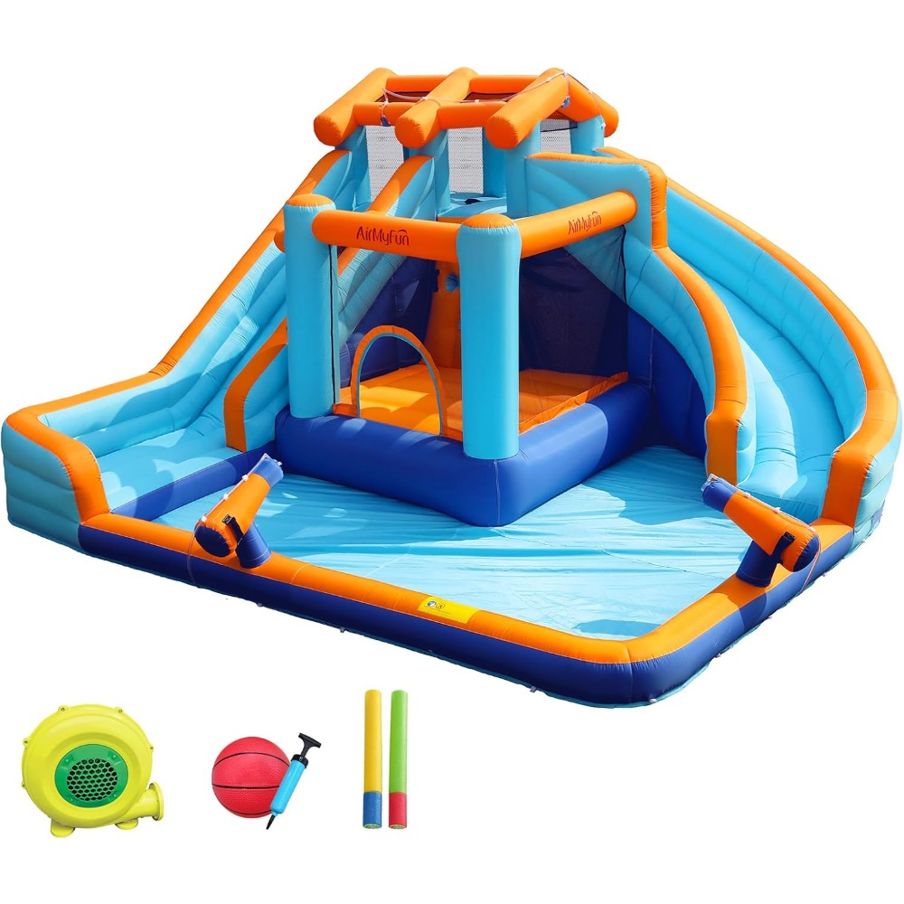 Kids Outdoor Water - 大型ウォータースライダー付きバウンスハウス、スプラッシュプールとバスケットボールフープ付き、子供と大人のための屋外遊び用インフレータブルバウンスキャッスル