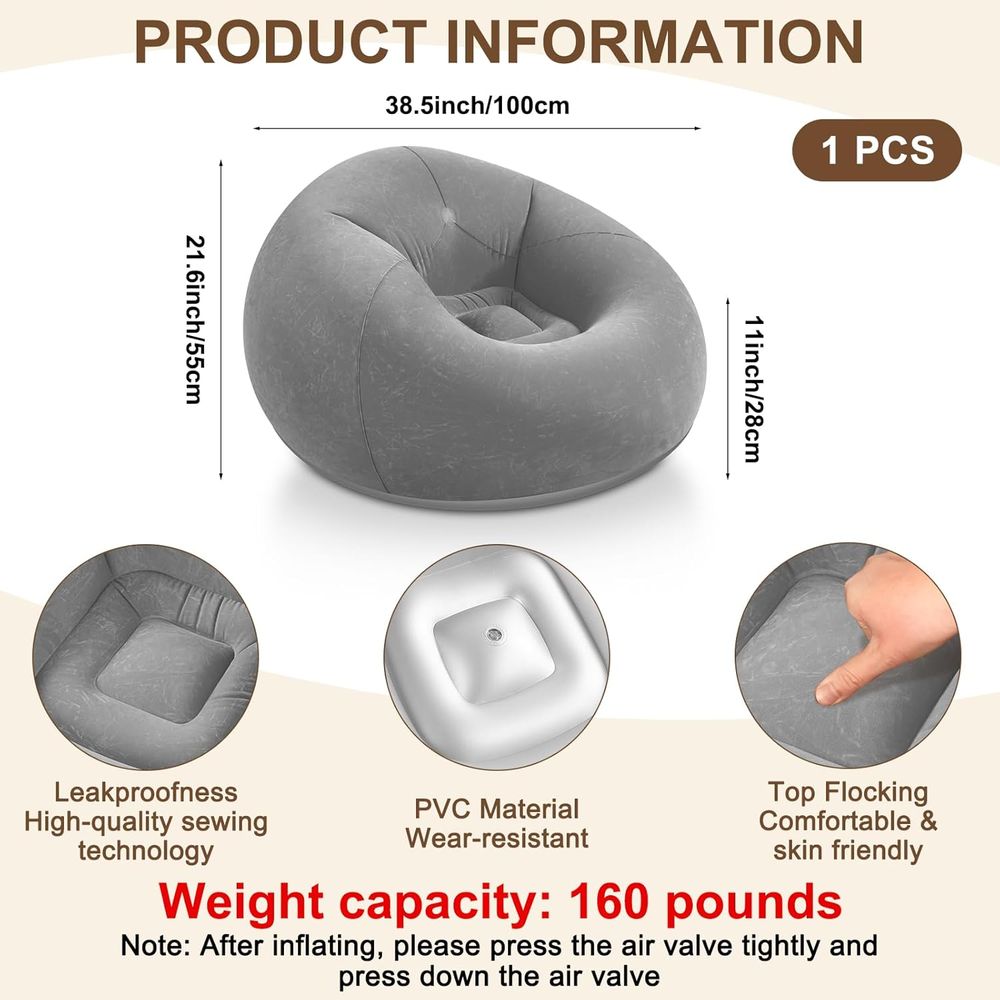 空気注入式ビーンバッグチェア、グレーのポータブルレイジーソフ - Kids Outdoor Bean Bag のレビューと価格