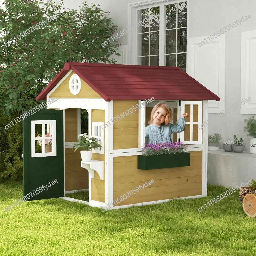木製屋外子供用プレイハウス、ドア、窓、植木鉢と箱付き、裏庭小 - Kids Outdoor Wooden Playhouse のレビューと価格