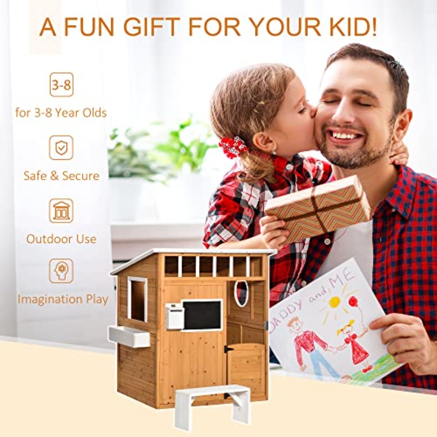 屋外用木製キッズプレイハウス、開閉式ドア付き、黄色仕上げ、窓 - Kids Outdoor Wooden Playhouse のレビューと価格