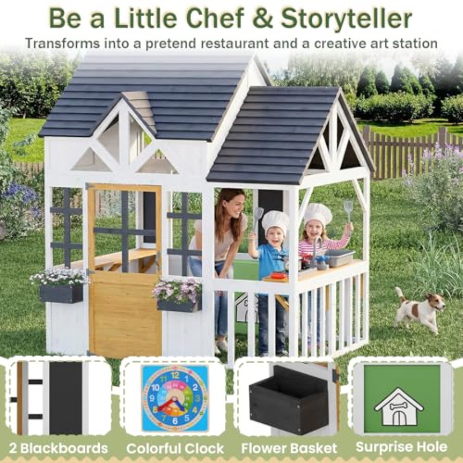 屋外木製キッズプレイハウス（0.56歳以上向け）：白黒仕上げ - Kids Outdoor Wooden Playhouse のレビューと価格