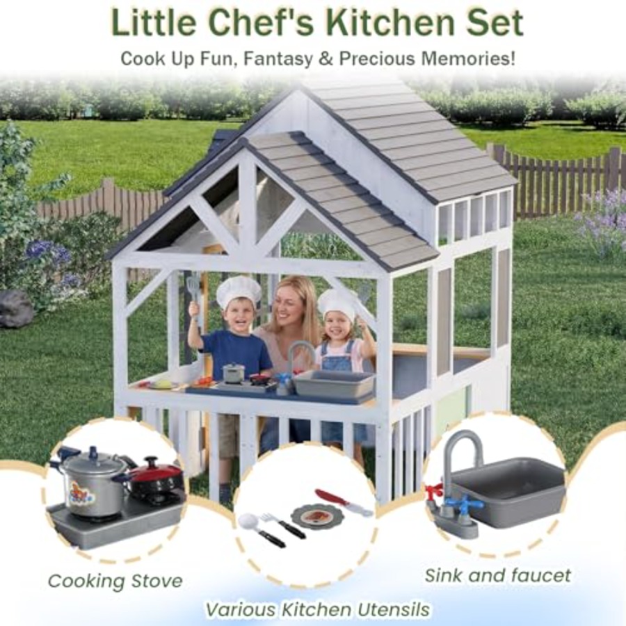 屋外木製キッズプレイハウス（0.56歳以上向け）：白黒仕上げ - Kids Outdoor Wooden Playhouse のレビューと価格